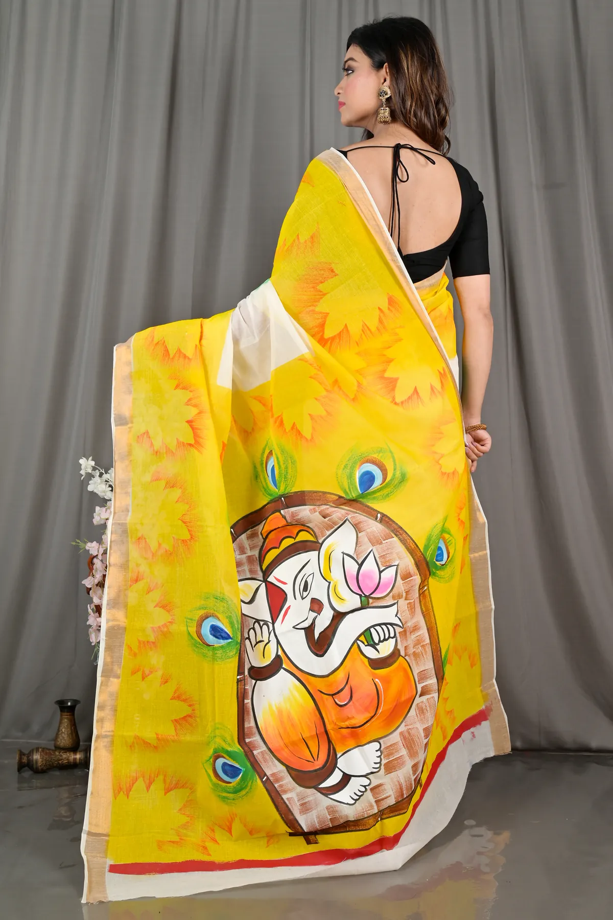 DipDiya Pure Cotton Yellow White Hataka Handcrafted Elegances Hand Painted Sarees