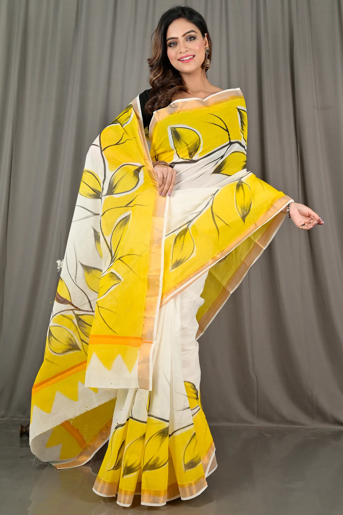 DipDiya Pure Cotton Yellow White Hataka Heritage of Bengals Hand Painted Sarees