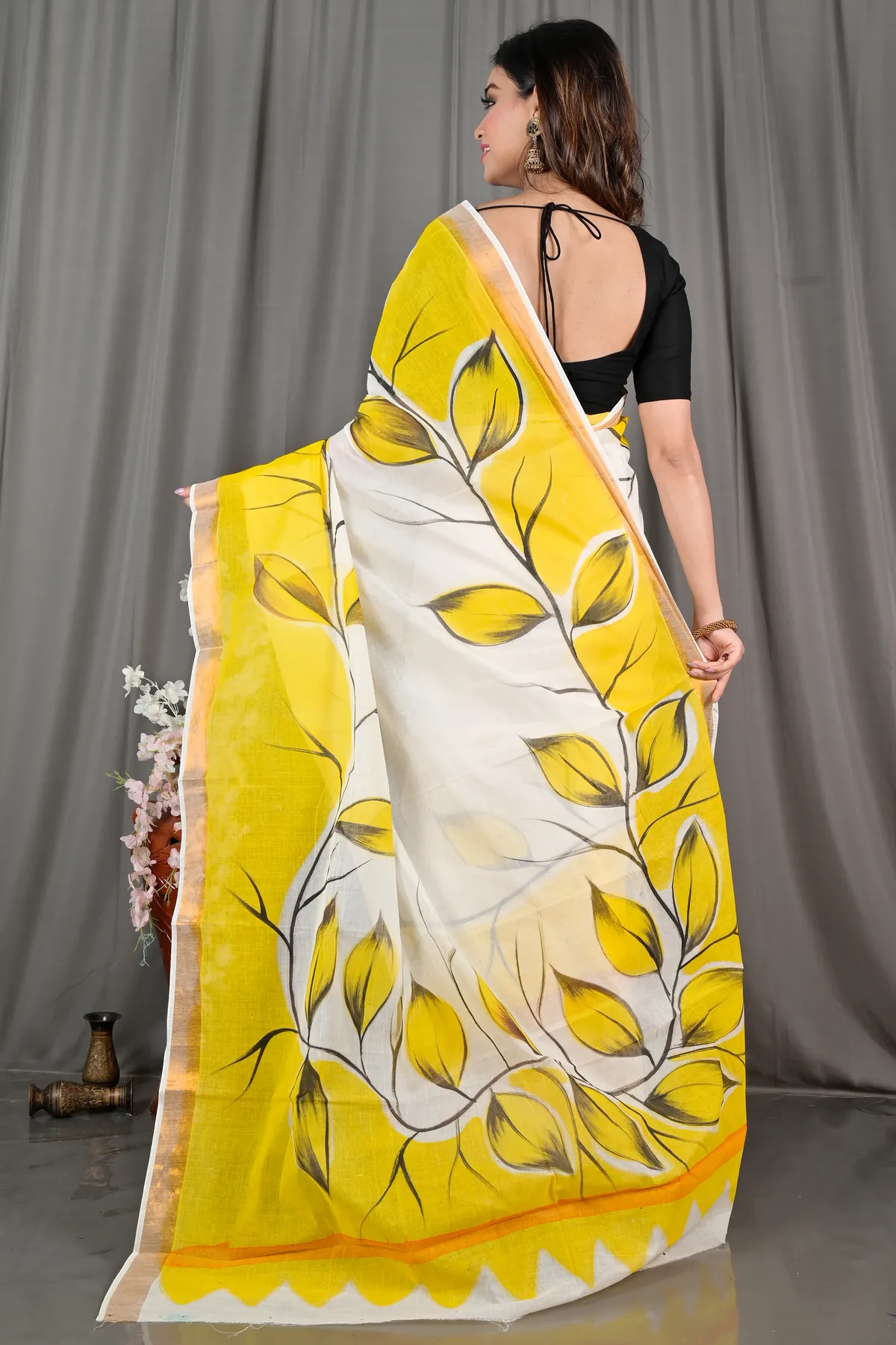 DipDiya Pure Cotton Yellow White Hataka Heritage of Bengals Hand Painted Sarees