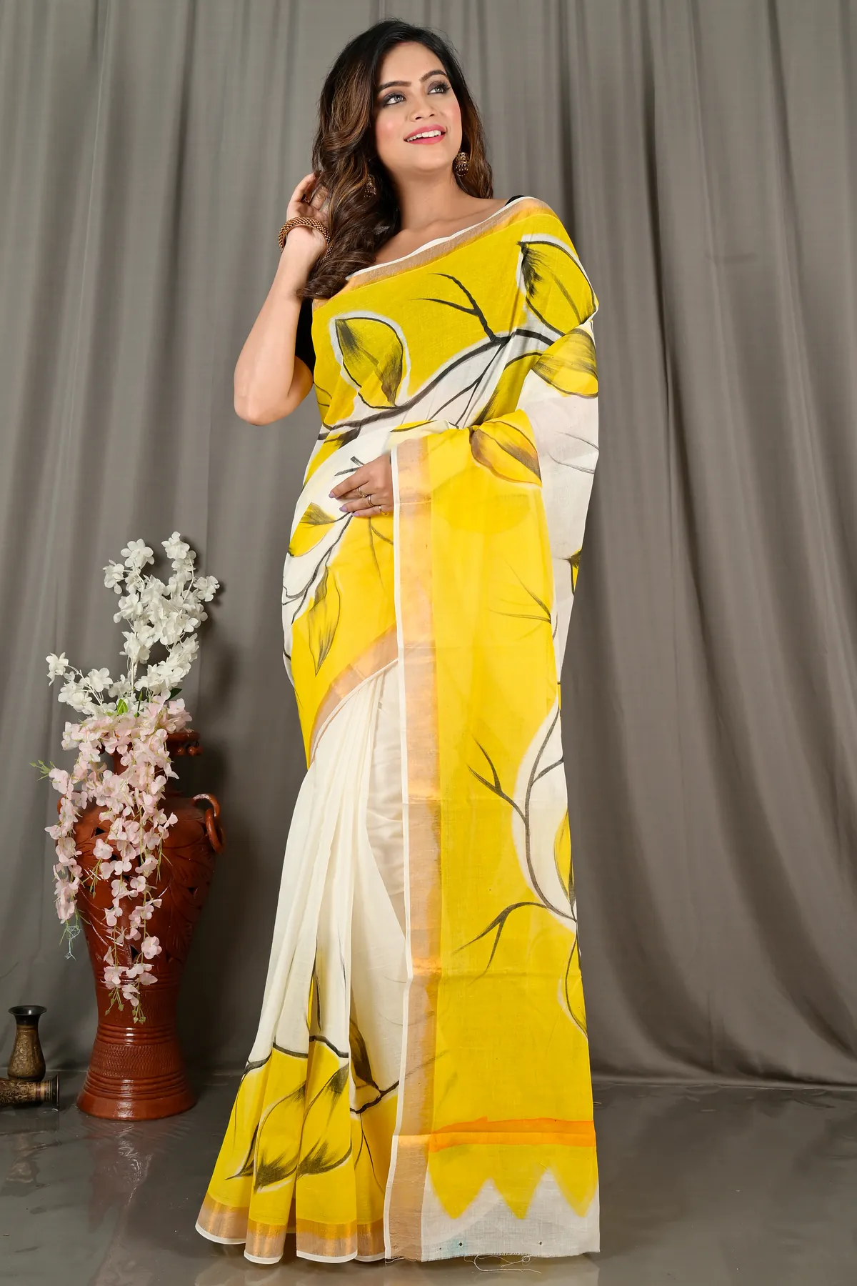 DipDiya Pure Cotton Yellow White Hataka Heritage of Bengals Hand Painted Sarees